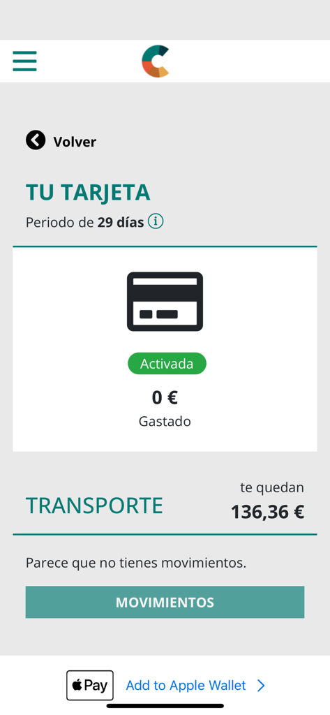 Interfaz de la aplicación Mi Compensación mostrando una tarjeta de beneficio de transporte activada con información de saldo y transacciones