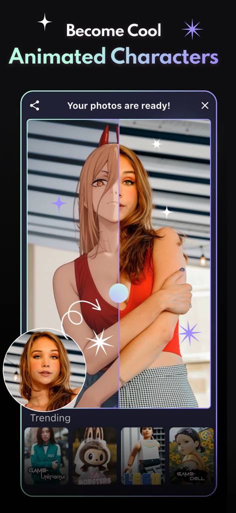 FaceVibe - AI Photo & Video - Tela do aplicativo FaceVibe mostrando uma comparação lado a lado da foto de uma mulher e sua versão de anime gerada por IA.