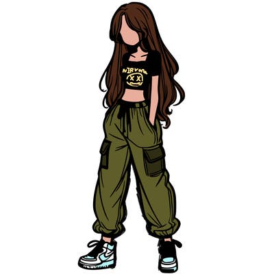 girl in baggy pants crop top and long hair
