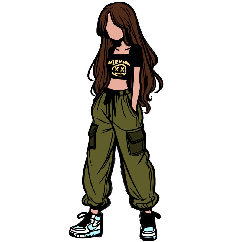 girl in baggy pants crop top and long hair