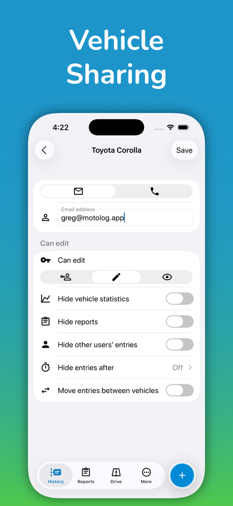 Interface showing vehicle sharing settings and user permissions in the Motolog app