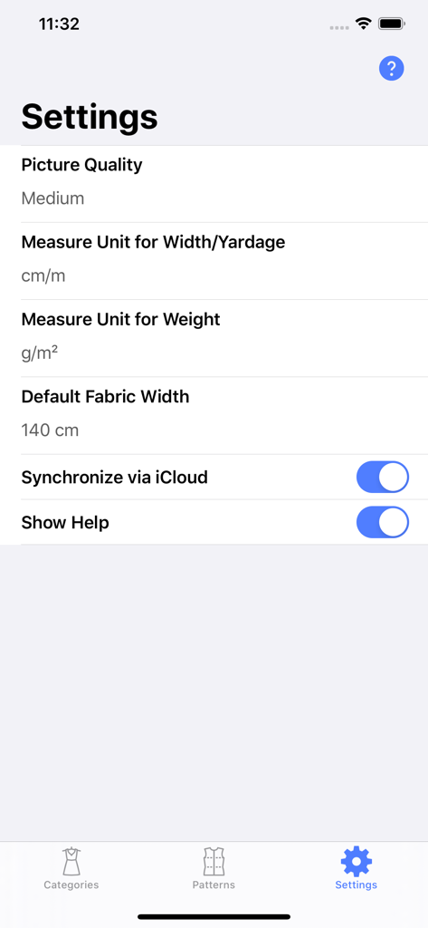 Sewing Patterns - Settings screen of the Sewing Patterns app displaying measurement units and iCloud synchronization options.