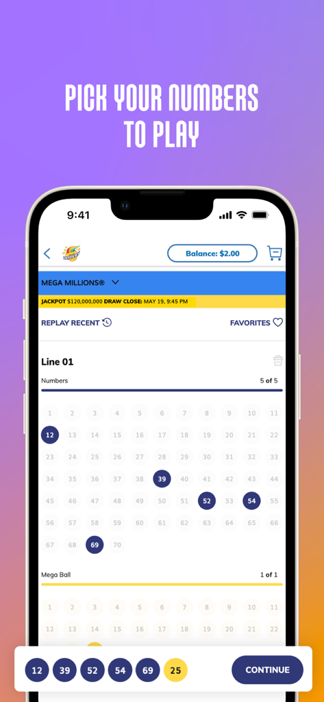 Interface of the Illinois Lottery app showing a user selecting numbers for a Mega Millions draw game.