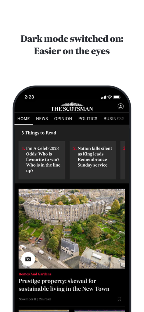 L'interfaccia dell'app The Scotsman Newspaper con la modalità scura attivata