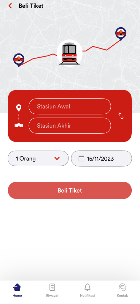 C-Access app ticket booking screen for Indonesian commuter rail showing origin and destination input fields