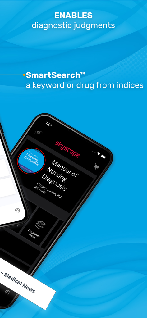 Manual of Nursing Diagnosis app home screen showcasing the SmartSearch feature for clinical keywords and drug indices