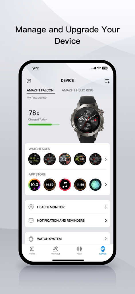 The Zepp app device screen showing management options for an Amazfit Falcon smartwatch.