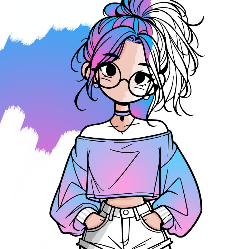 girl with a messy ponytail glasses a baggy crop top and jean shorts