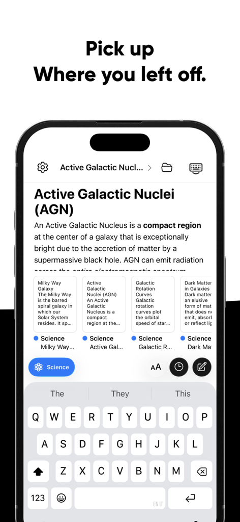 최근 항목 캐러셀이 있는 과학 메모를 보여주는 iPhone의 Brain Dump 앱 인터페이스