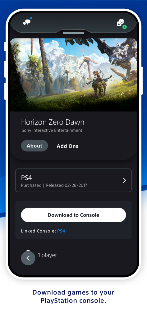 Schermata di un telefono cellulare che mostra l'interfaccia dell'App PlayStation con un pulsante Scarica sulla console per il gioco Horizon Zero Dawn.