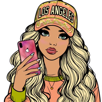 realistic beautiful girl wearing los ángeles cap holding an iphone