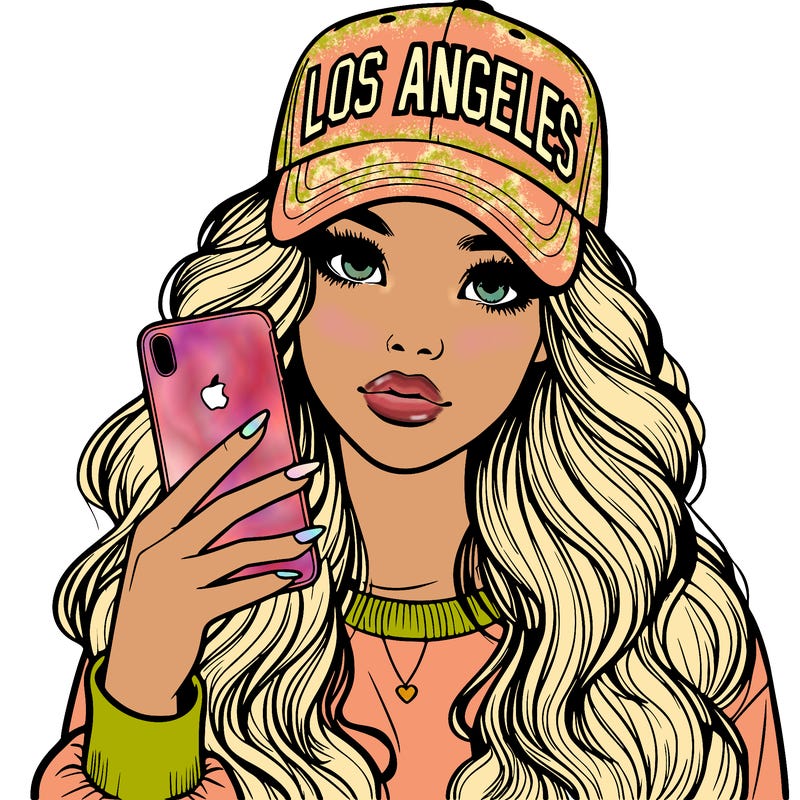 realistic beautiful girl wearing los ángeles cap holding an iphone