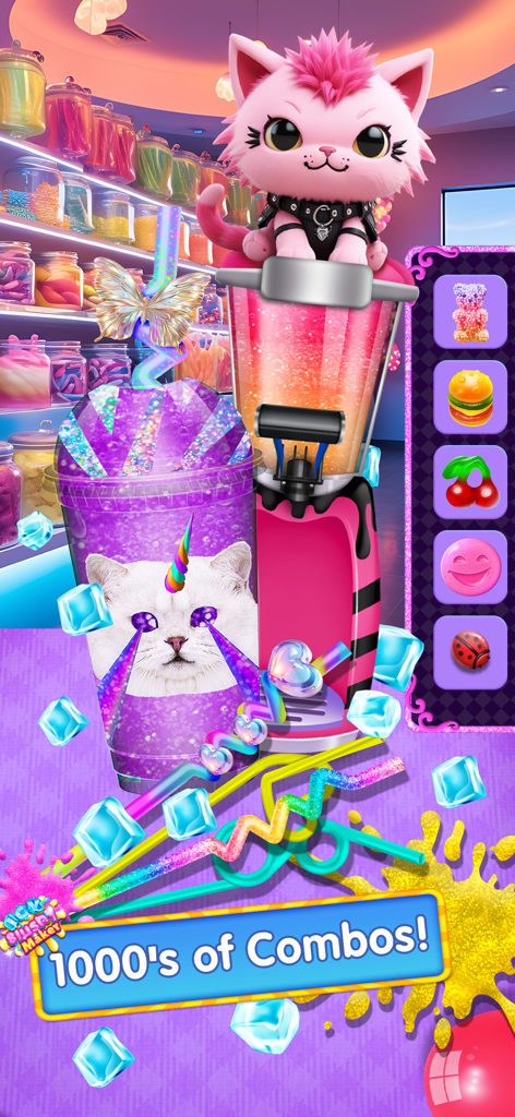 Ice slushy maker game screen showing a custom rainbow drink and pink cat decorations