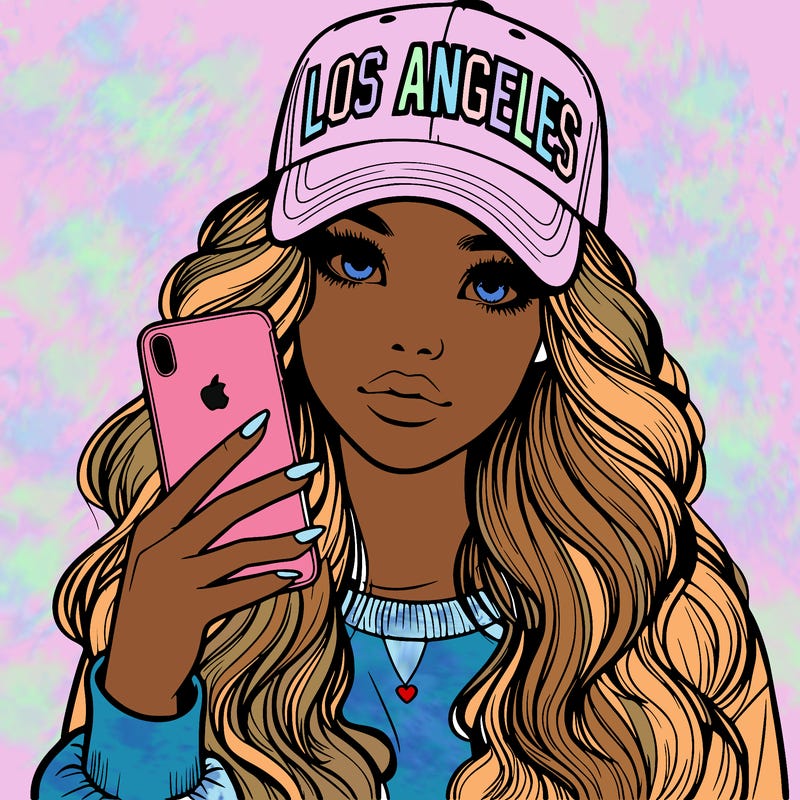 realistic beautiful girl wearing los ángeles cap holding an iphone