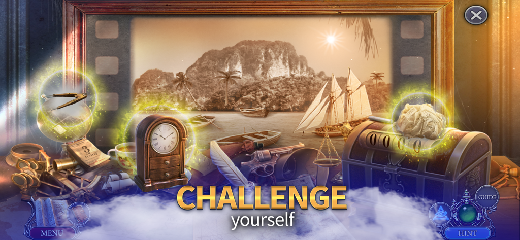 Dark City: Amsterdam Mystery - A hidden object puzzle scene in Dark City Amsterdam Mystery showing vintage items like a clock and treasure chest with a tropical backdrop.