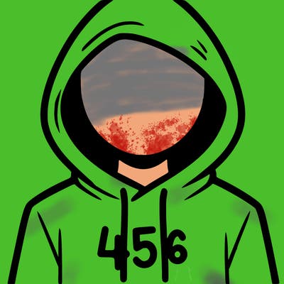 a person with non face waering a hoodie with a 456 symbol