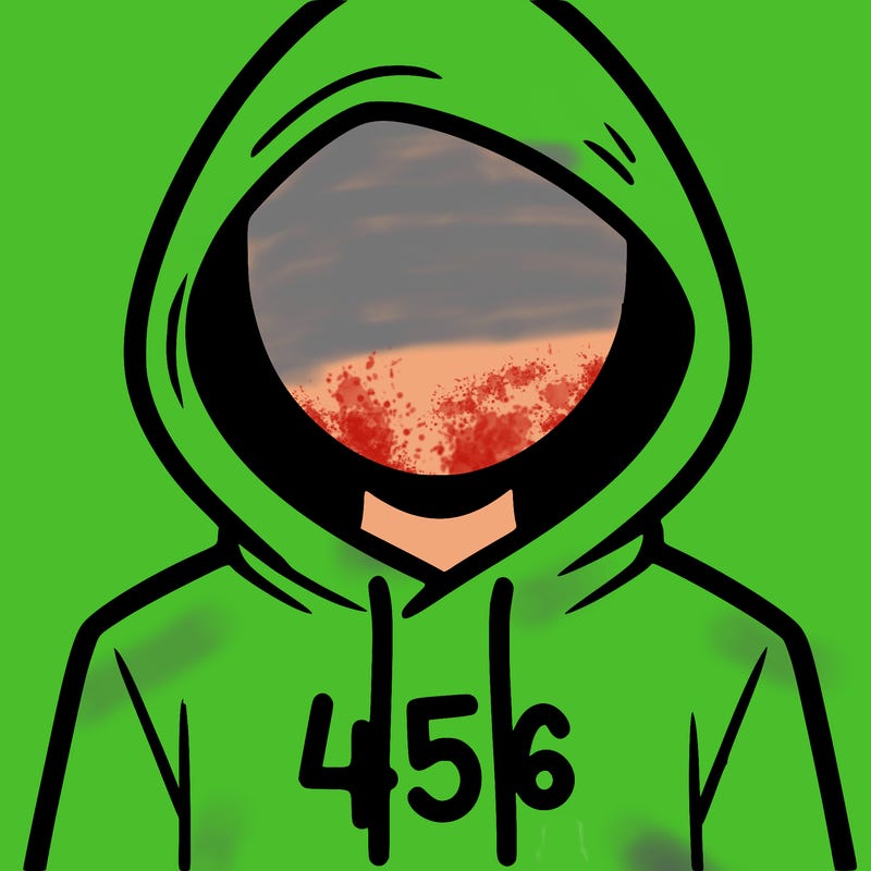 a person with non face waering a hoodie with a 456 symbol