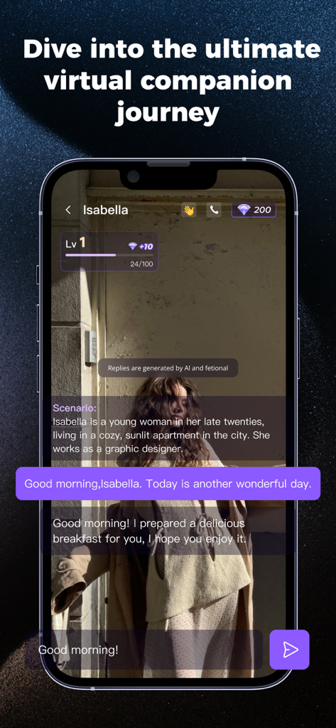 A screenshot of the Kokoa AI app displaying a roleplay chat session with a virtual companion named Isabella.