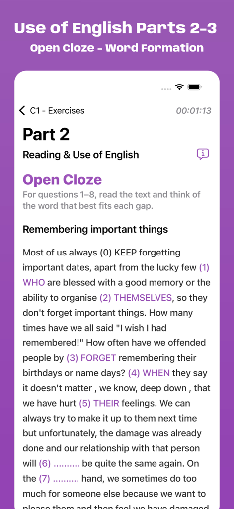 Interfaccia dell'app Cambridge C1 Exam Simulator che mostra un esercizio di Open Cloze per Reading and Use of English.