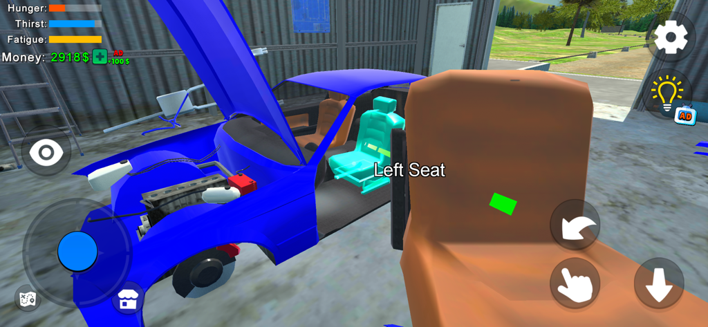 My First Summer Car: Mechanic - Vista en primera persona de la instalación de un asiento de coche en un garaje de simulador de mecánica con una pista de línea verde