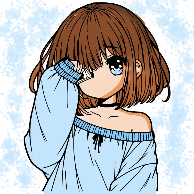 cute anime girl with bangs covering one eye with cute of shoulder t-shirt