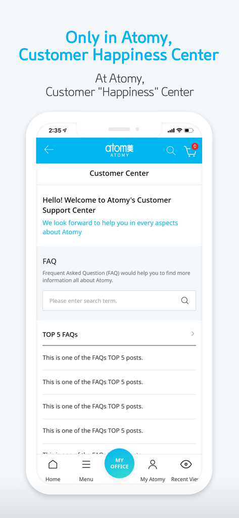 [Official] Atomy shop - アトミショップアプリのモバイル画面。FAQ検索バーとよくある質問リストが表示されたカスタマーハピネスセンターが表示されています。