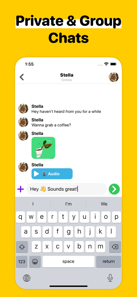 Monkey Run - Make New Friends - Screenshot of the Monkey Run app showing a private chat interface with text, stickers, and audio messages.