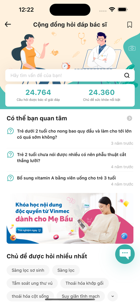 MyVinmec - MyVinmec app interface showing the health community section with doctor Q&A and pediatric medical advice