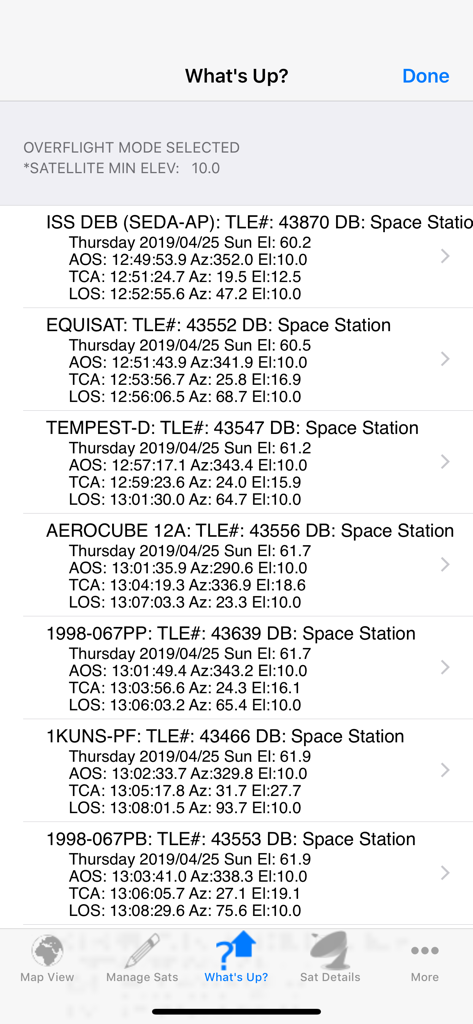 Technical list of upcoming satellite overflights showing acquisition of signal times and orbital data