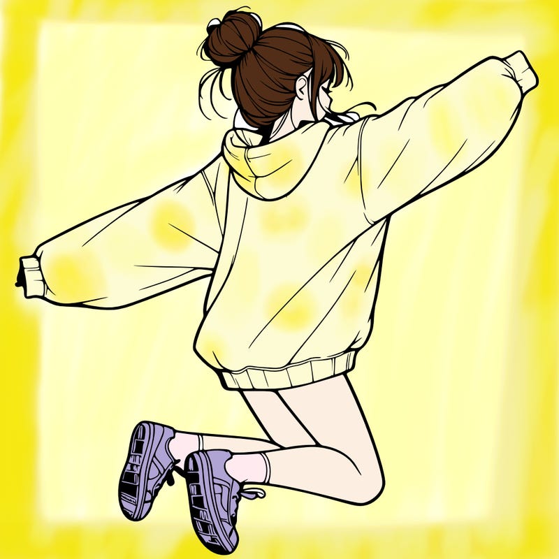 realistic girl jumping with a bun and oversized sweatshirt