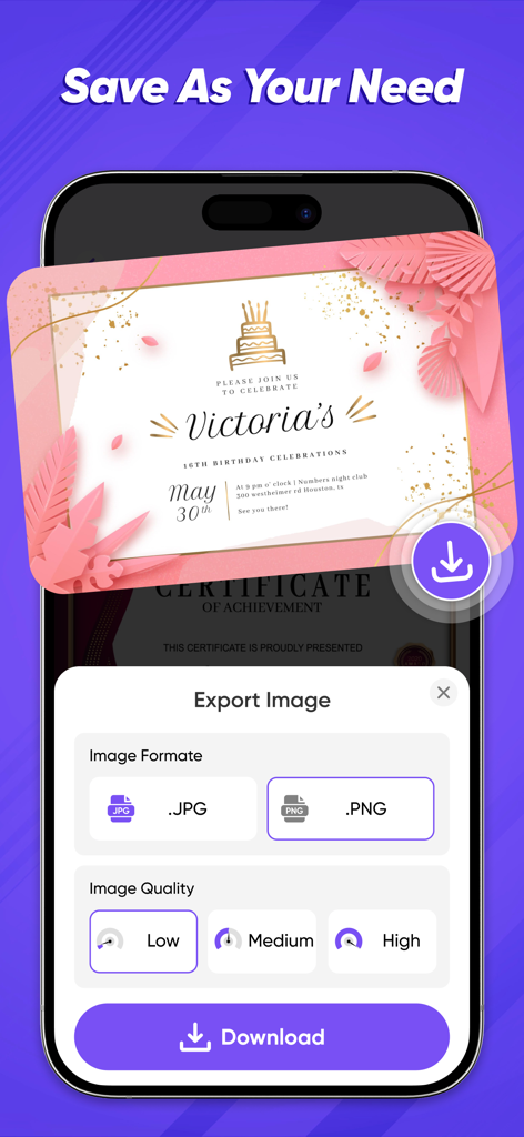 Certificate Maker :Party Card - Smartphone screen showing image export settings for a custom invitation with options for JPG or PNG formats and low to high quality selections