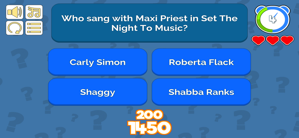 Who Was That - Una pantalla de pregunta de trivia musical en la aplicación ¿Quién Era Esa? preguntando quién cantó con Maxi Priest