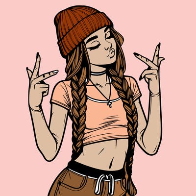 realistic teenage girl with braids and a beanie and crop top doing 🫶🏼