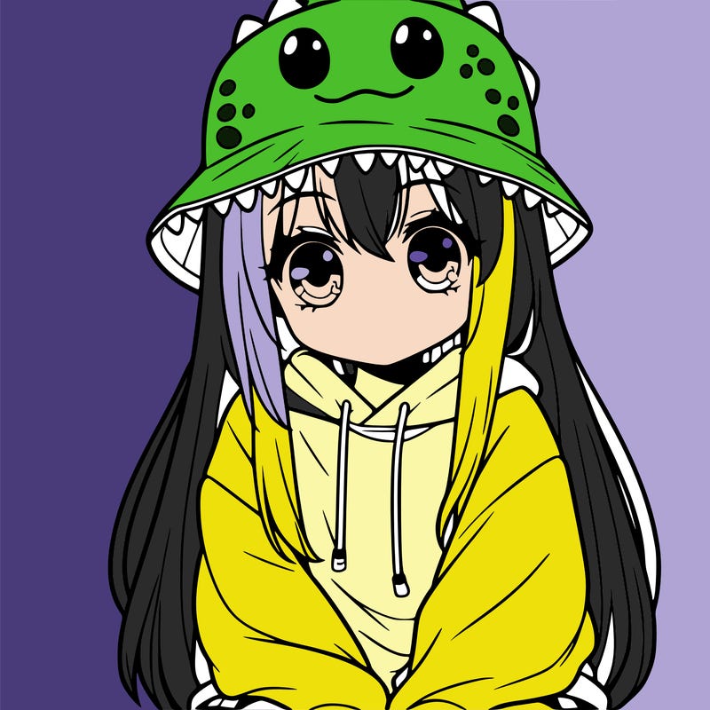 girl with anime shaped eyes with a dinosaur bucket hat oversized sweatshirt long straight hair