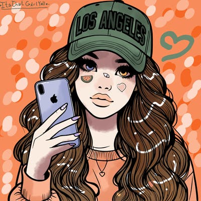 realistic beautiful girl wearing los ángeles cap holding an iphone