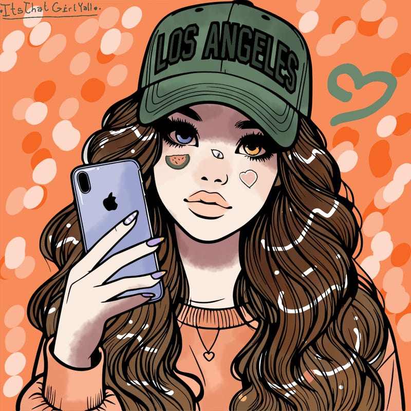 realistic beautiful girl wearing los ángeles cap holding an iphone