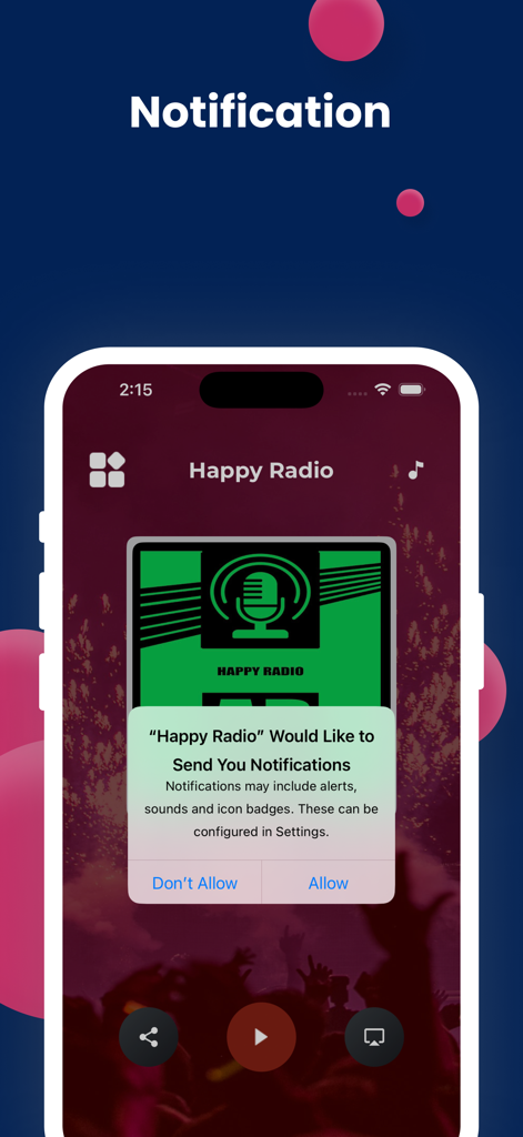 My Happy Radio - Smartphone screen showing a notification permission request for the My Happy Radio app