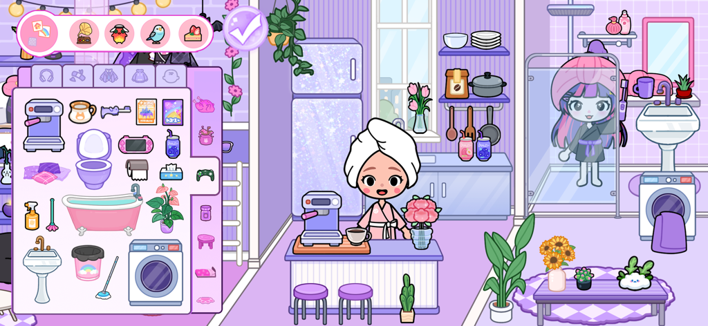 Mia World - A character in Mia World decorating a purple themed digital dollhouse room with various furniture options.