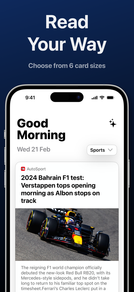 Bulletin: AI News Reader - Bulletin AI News Reader app displaying a sports news feed with customizable card sizes on an iPhone screen