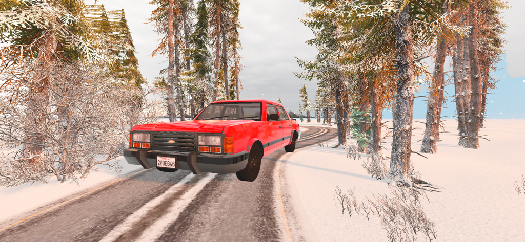 A red car driving on a snowy road through a winter forest in Frozen City Survival Game