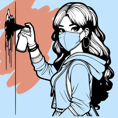 realistic girl with mask spray painting a wall