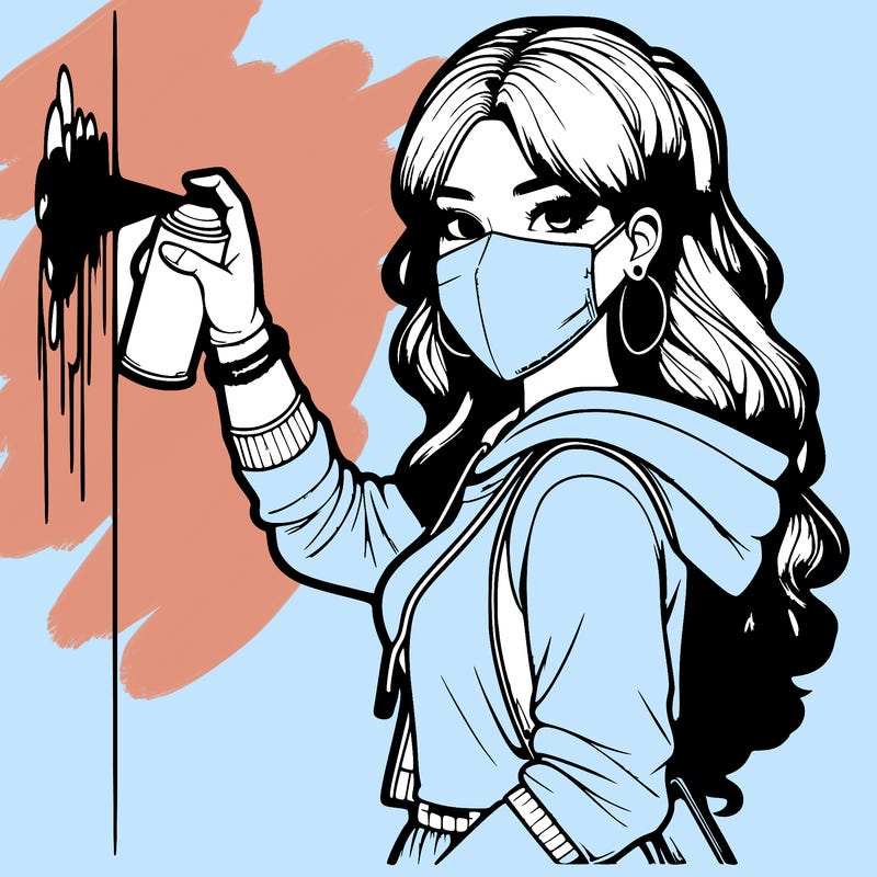 realistic girl with mask spray painting a wall