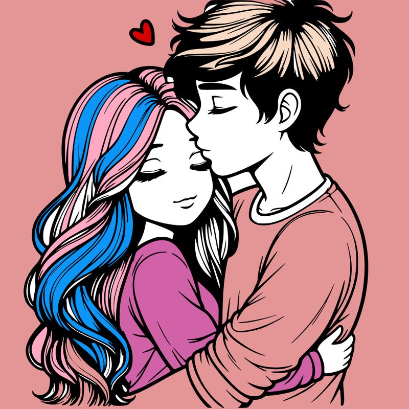 a realistic couple boy and girl hugging and kissing