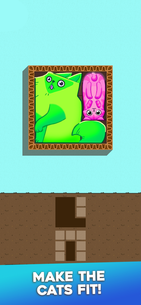 Puzzle Cats· - A mobile puzzle game screen showing colorful cat shapes being fitted into a wooden frame with the text Make the Cats Fit