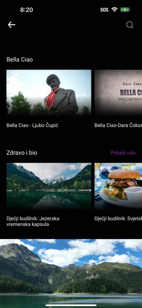 MNE Play - MNE Play app screen showing video categories and Montenegrin cultural content