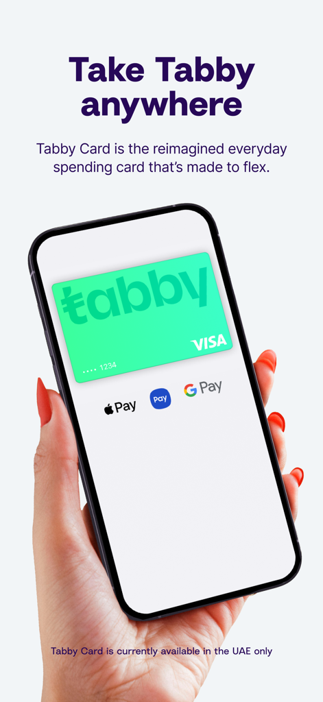 A smartphone screen showing a green Tabby Visa virtual card with Apple Pay and Google Pay icons.
