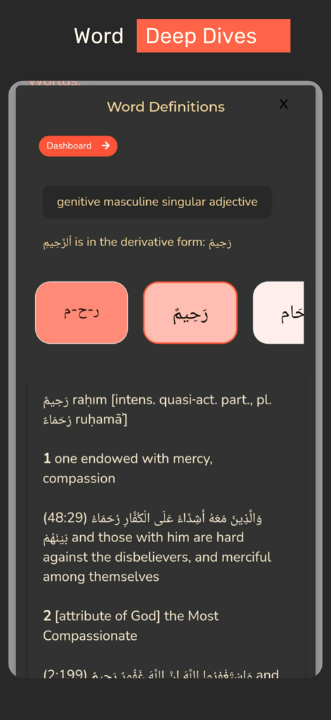 QuranHive - QuranHive mobile app interface showing a word deep dive with Arabic grammar analysis and definitions