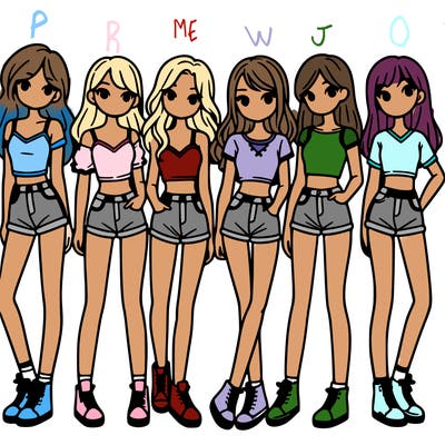 a group of girls wearing crop tops and shorts