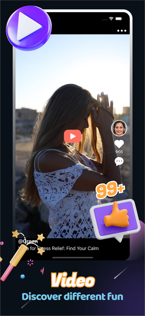 Yova - Share & Chat - Tela do celular mostrando um tutorial em vídeo de yoga com recursos sociais como curtidas e comentários no aplicativo Yova.