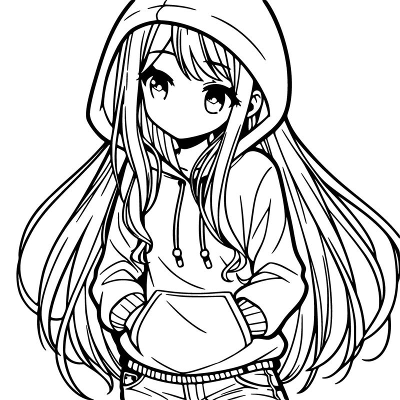 simple manga girl with a hoodie, long hair, and jeans